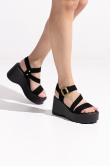 Δερμάτινες (LEATHER) Ελληνικές Πλατφόρμες με μαλακό πάτο - Μαύρο