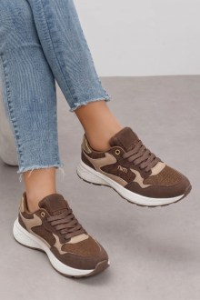 Γυναικεία Καφέ Ελαφριά Sneakers με Λεπτομέρεια Στράς