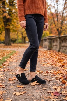 Γυναικεία Ανατομικά Σαμπό  Clogs Mules Suede σε Μαύρο
