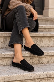 Μαλακά Σουέτ Mules Loafers Γυναικεία σε Μαύρο Χρώμα