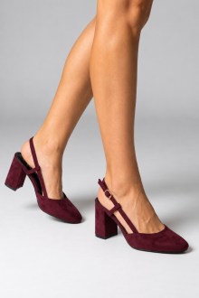 Γυναικείες Μπορντό Suede Γόβες Slingback με Μαλακό Πάτο και Χοντρό Τακούνι