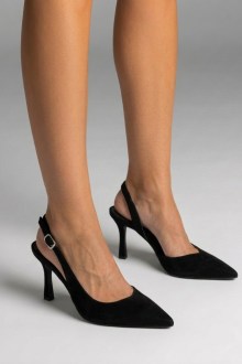 Γυναικείες Suede Γόβες Slingback σε Μαύρο με Μυτερή Μύτη
