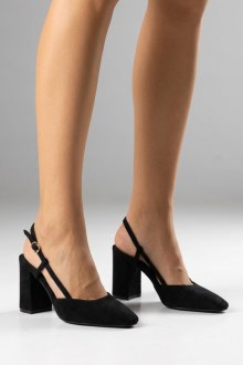 Γυναικείες Μαύρες Suede Γόβες Slingback με Μαλακό Πάτο και Χοντρό Τακούνι